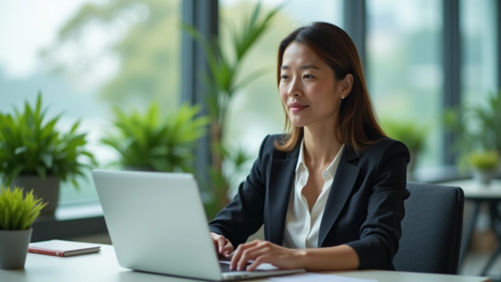 Professional woman at her desk looking thoughtful, modern office setting with minimalist design and natural light streaming through windows